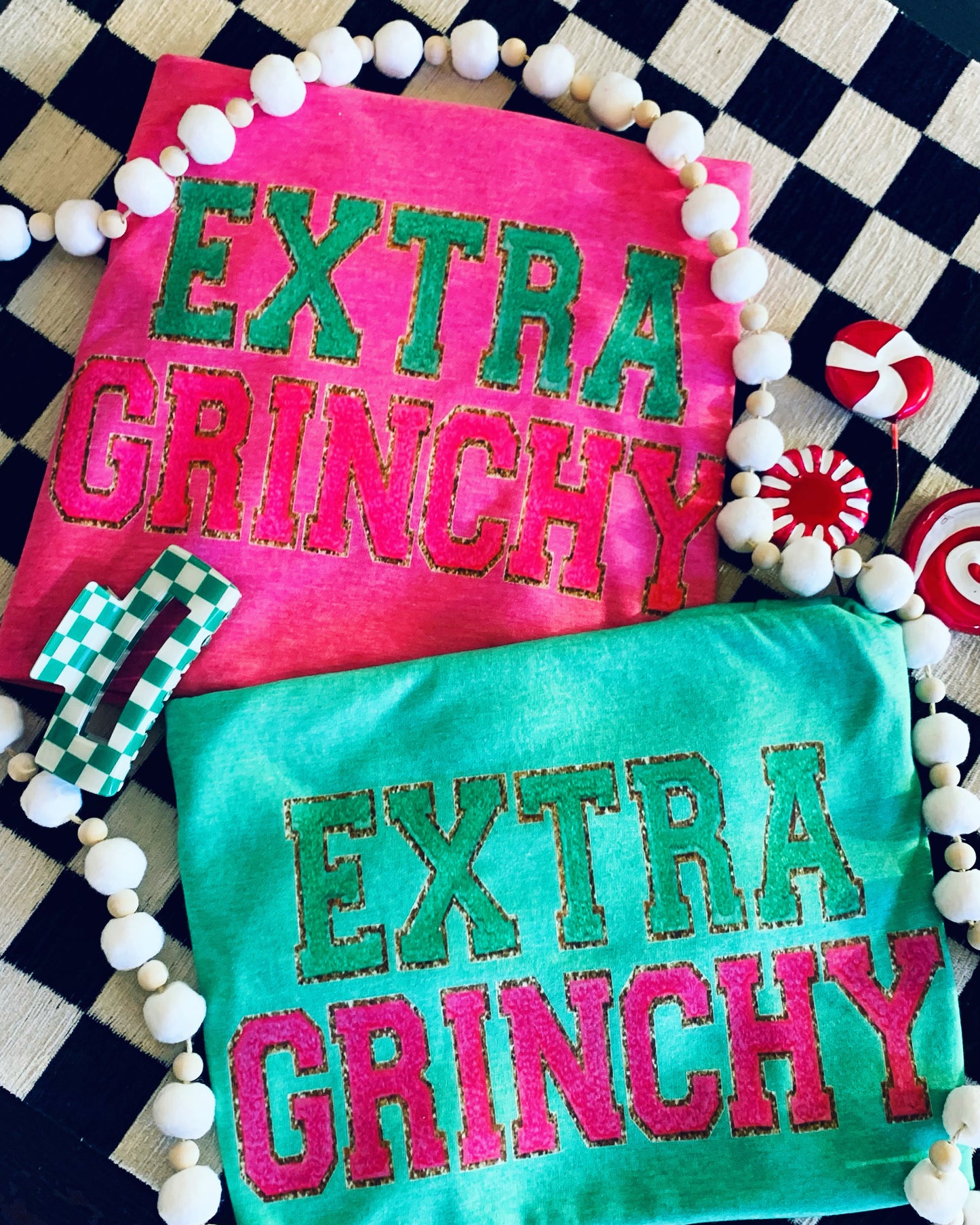 Extra Grinchy Tee- faux embroidery