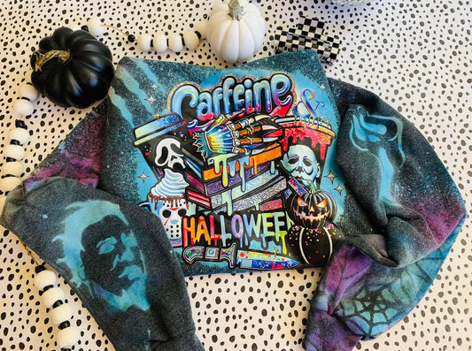 Caffeine & Halloween 🖤 custom  distressed fleece lined crewneck