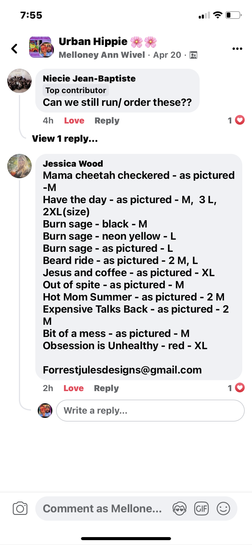 Jessica’s $10 tee order Mama cheetah checkered - as pictured -M
Have the day - as pictured - M,  3 L, 2XL(size)
Burn sage - black - M 
Burn sage - neon yellow - L
Burn sage - as pictured - L
Beard ride - as pictured - 2 M, L 
Jesus and coffee - as picture