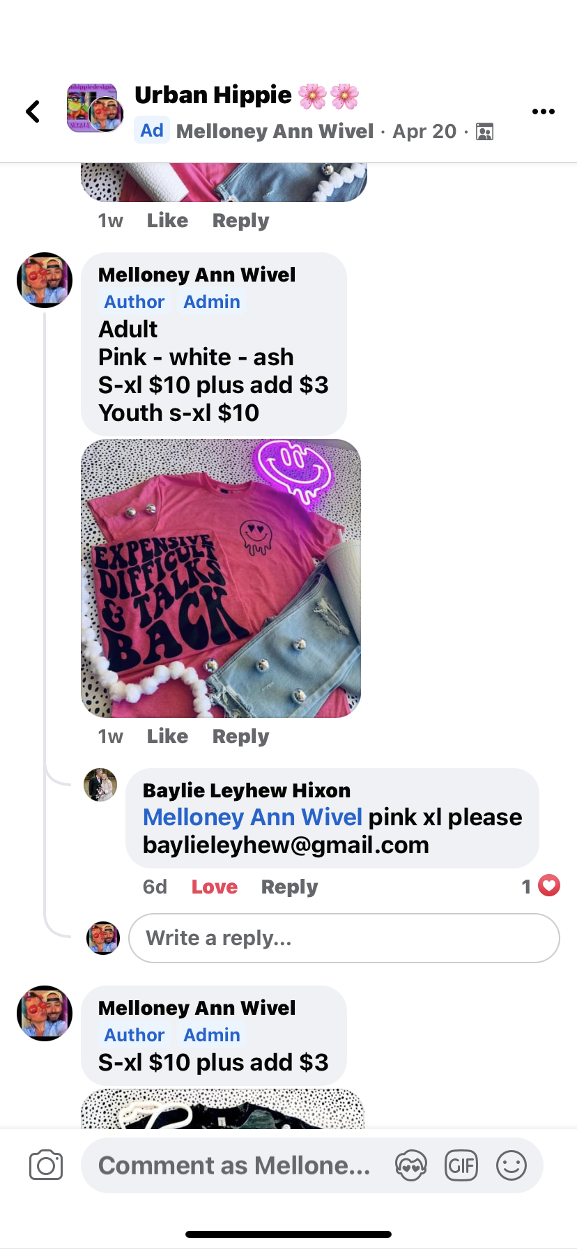 Baylie’s tee xl expensive & difficult ship with uh7603